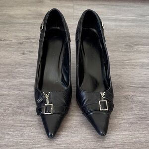 Black Leather Zipper and Buckle Heels